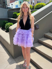 Black Purple A-Line V-Neck Open Back Short Tulle Homecoming Dress