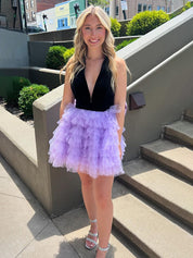 Black Purple A-Line V-Neck Open Back Short Tulle Homecoming Dress