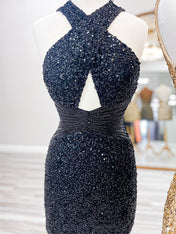 Black Sequin Cross-Front Short Homecoming Dress