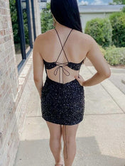 Dreamylily Women Black Sequin Halter Backless Short Homecoming Dress Dreamylily Women Black Sequin Halter Backless Short Homecoming Dress