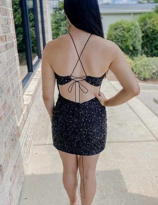 Black Sequin Halter Backless Short Homecoming Dress