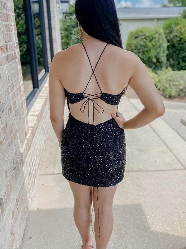Black Sequin Halter Backless Short Homecoming Dress