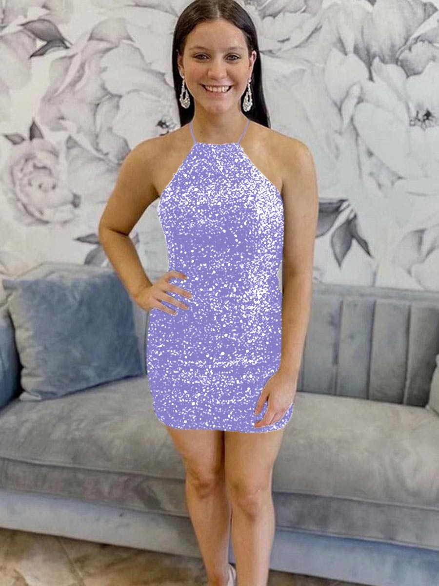Black Sequin Halter Backless Short Homecoming Dress