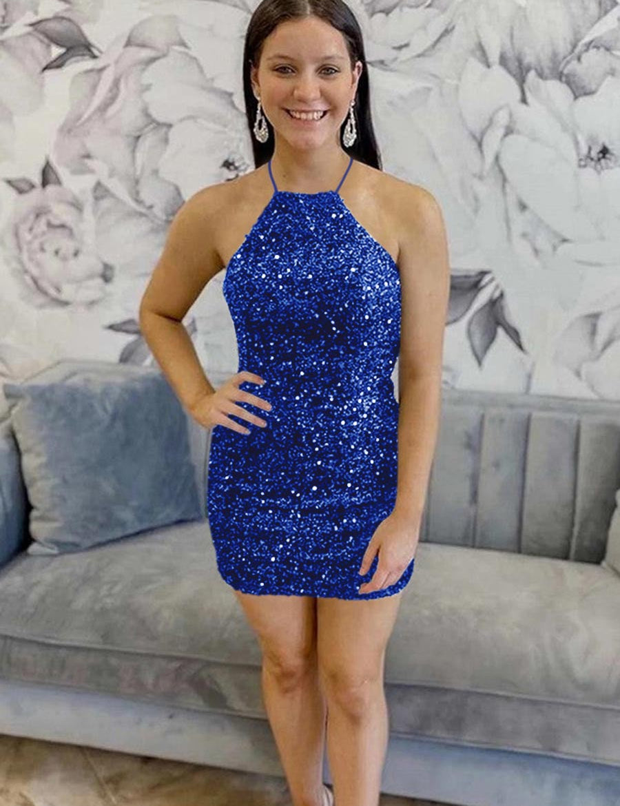 Black Sequin Halter Backless Short Homecoming Dress