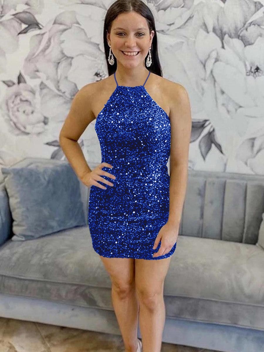Black Sequin Halter Backless Short Homecoming Dress