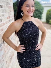 Black Sequin Halter Backless Short Homecoming Dress