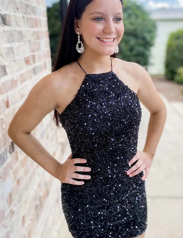 Black Sequin Halter Backless Short Homecoming Dress