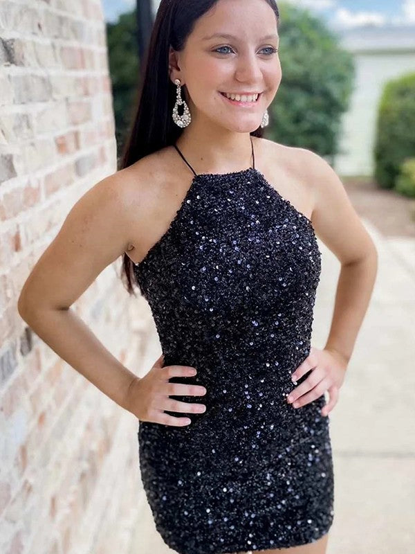 Black Sequin Halter Backless Short Homecoming Dress