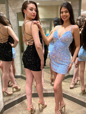 Black Sequin Straps Bodycon Homecoming Dress with Lace Up Back
