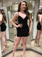 Black Sequin Straps Bodycon Homecoming Dress with Lace Up Back
