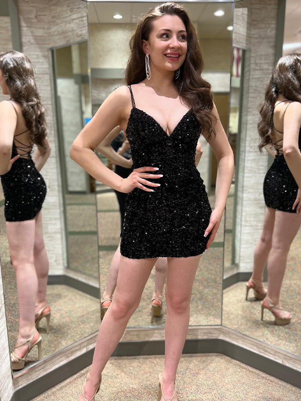 Black Sequin Straps Bodycon Homecoming Dress with Lace Up Back