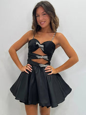 Black Spaghetti Straps A-Line Satin Cut-out Homecoming Dress with Bow