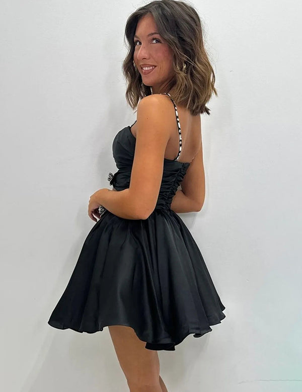 Black Spaghetti Straps A-Line Satin Cut-out Homecoming Dress with Bow