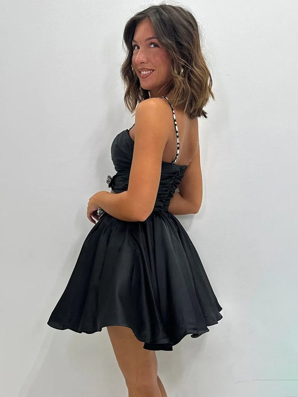 Black Spaghetti Straps A-Line Satin Cut-out Homecoming Dress with Bow