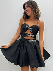 Black Spaghetti Straps A-Line Satin Cut-out Homecoming Dress with Bow