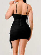 Black Spaghetti Straps Ruched Satin Short Homecoming Dress with Shawl