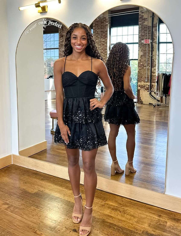 Black Spaghetti Straps Sequin Tiered Short Homecoming Dress