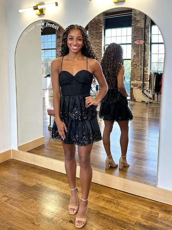 Black Spaghetti Straps Sequin Tiered Short Homecoming Dress