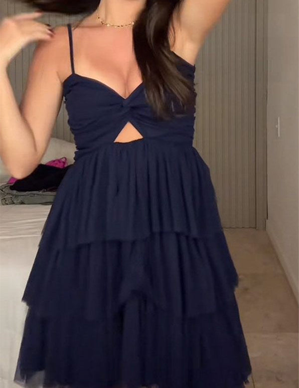 Black Spaghetti Straps V-Neck Keyhole Tiered Tulle Homecoming Dress