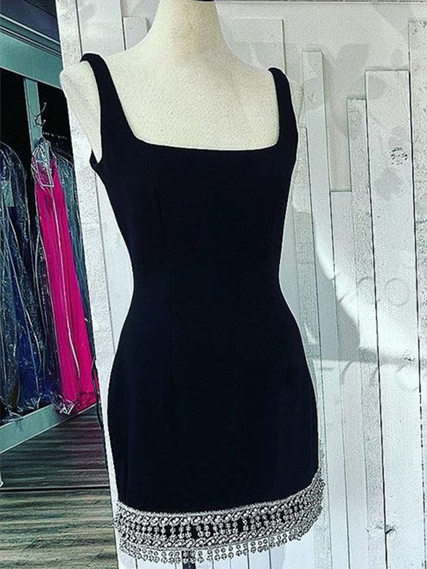 Black Square Neck Sleeveless Short Homecoming Dress with Crystals