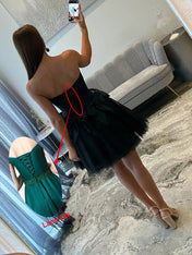 Black Strapless Beading Short Homecoming Dress with Waist Bow