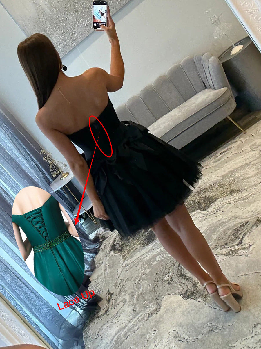 Dreamylily Women Black Strapless Beading Short Homecoming Dress with Waist Bow Dreamylily Women Black Strapless Beading Short Homecoming Dress with Waist Bow