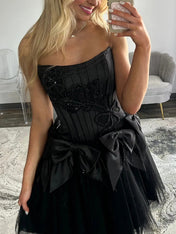 Black Strapless Beading Short Homecoming Dress with Waist Bow