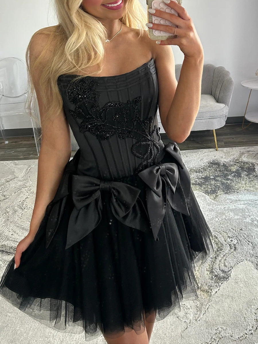 short black strapless homecoming dress Glitter Black Strapless A-Line Corset Short Homecoming Dress with Beading Black / 2 / Sequin