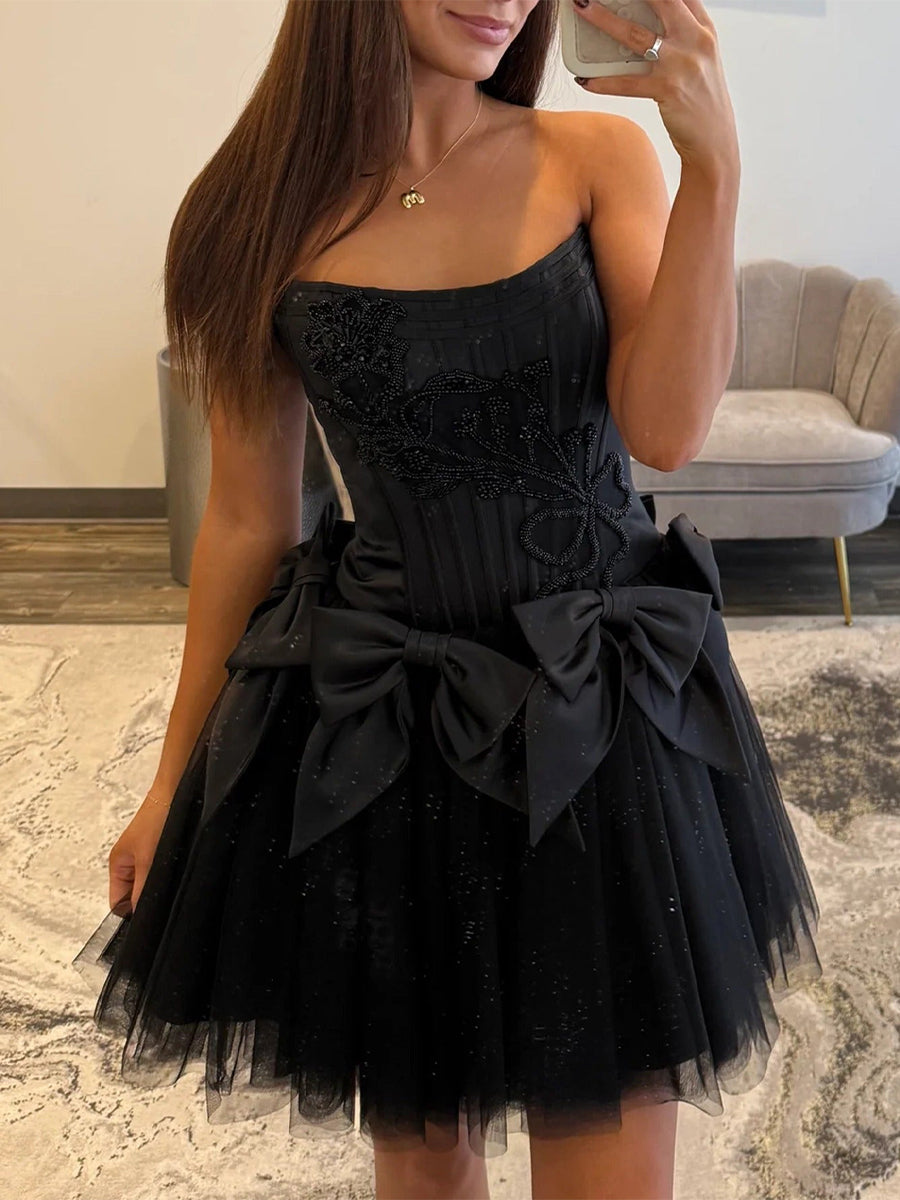 Black Strapless Beading Short Homecoming Dress with Waist Bow