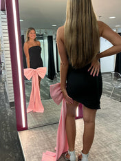 Black Strapless Front Sheath Short Homecoming Dress with Bow