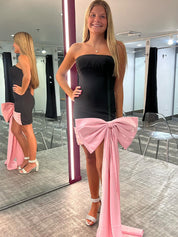 Black Strapless Front Sheath Short Homecoming Dress with Bow