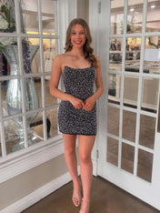 Black Strapless Pearls Tight Short Homecoming Party Dress