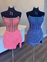 Black Strapless Sequins Tight Short Homecoming Dress with Beadings