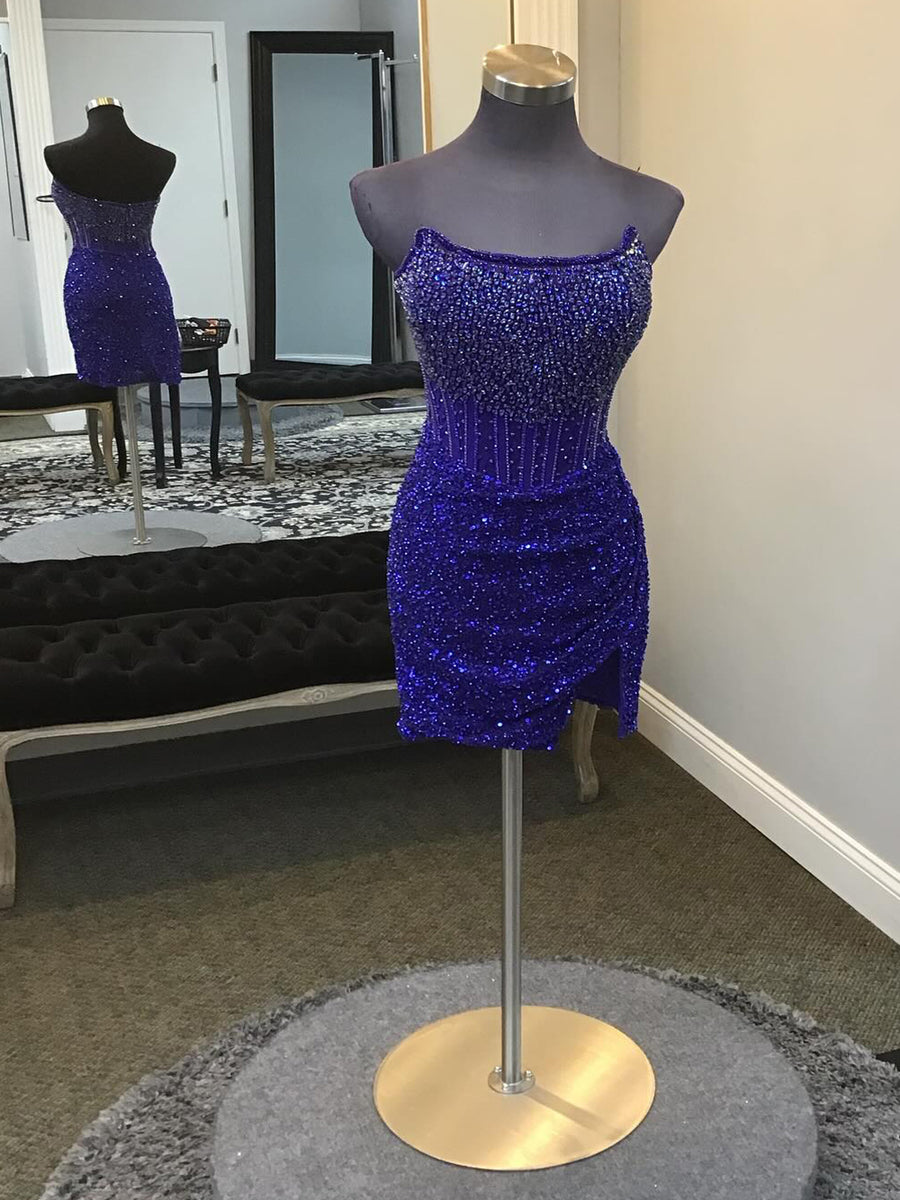 Black Strapless Sequins Tight Short Homecoming Dress with Beadings