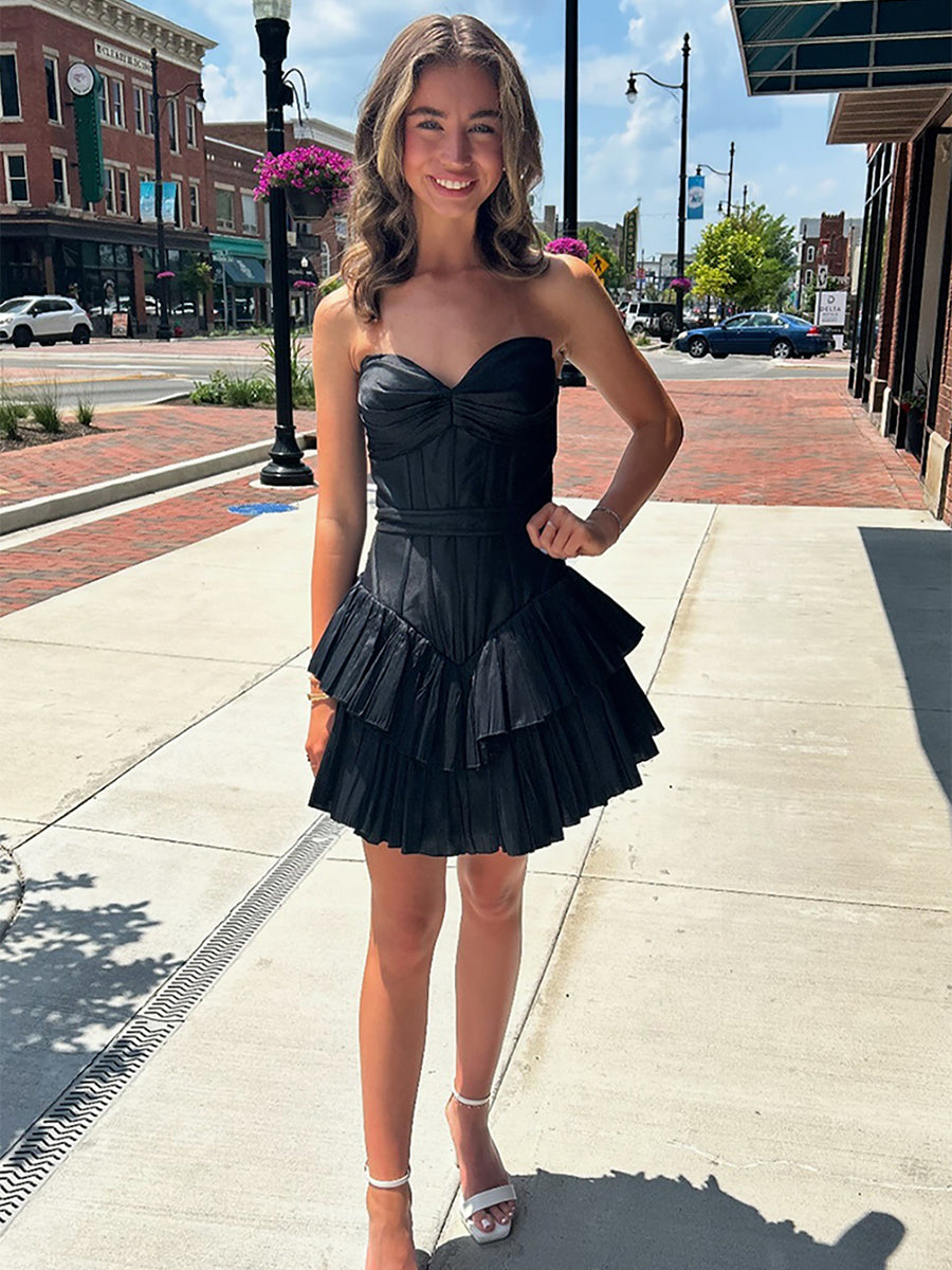 Black Sweetheart A Line Short Tiered Homecoming Dress with Ruffles