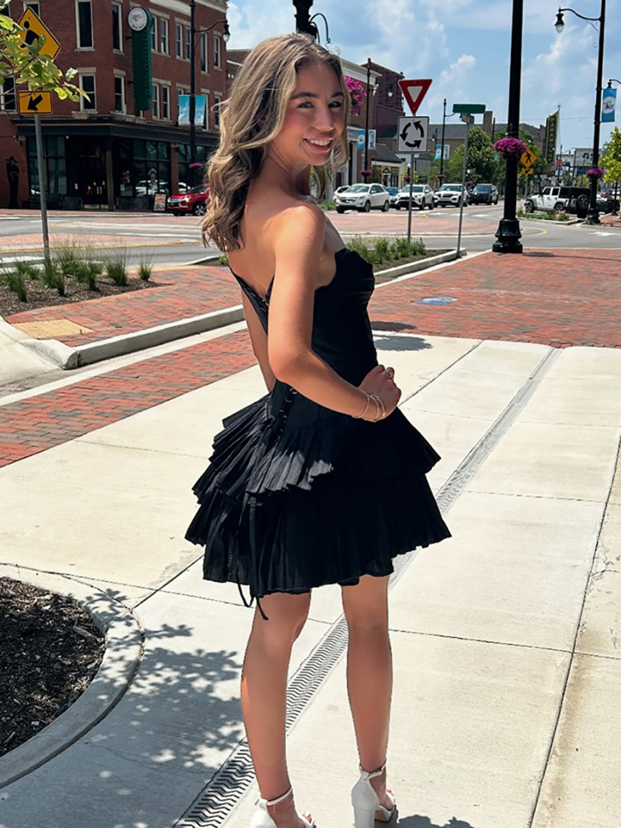 Black Sweetheart A Line Short Tiered Homecoming Dress with Ruffles