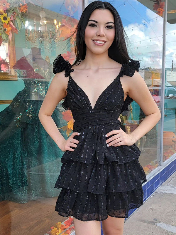 Black V-Neck Ruffle Lace-Up Tiered Short Homecoming Party Dress