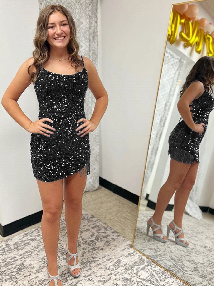 Royal Blue Fitted Spaghetti Straps Short Sequin Homecoming Dress