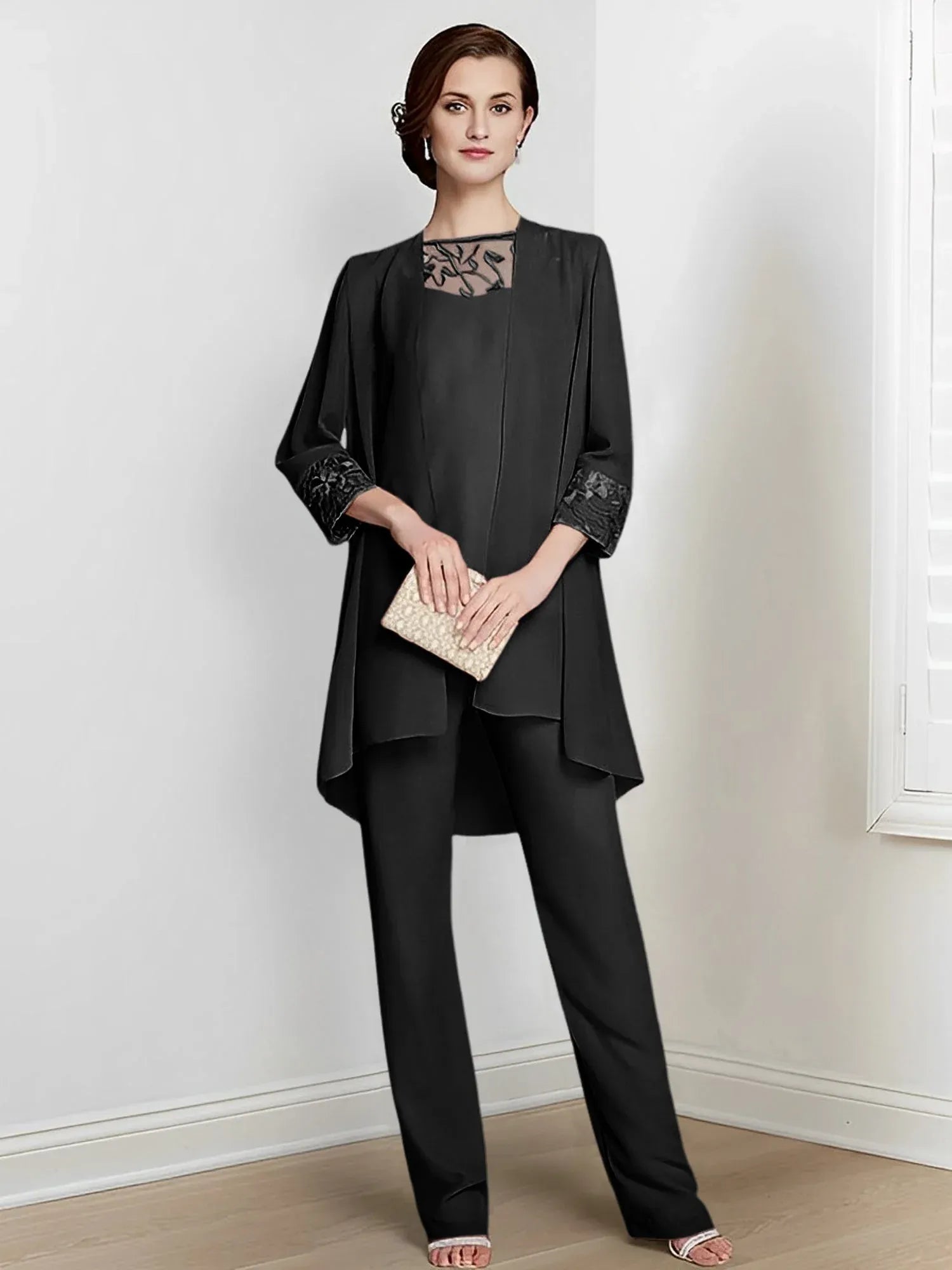 Tailleur-pantalon en mousseline à manches longues pour mère de la mariée avec veste 