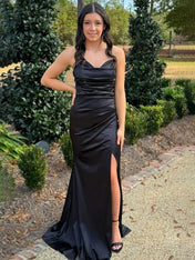 Black Mermaid Strapless V-Neck Satin Pleated Long Prom Dress with Slit