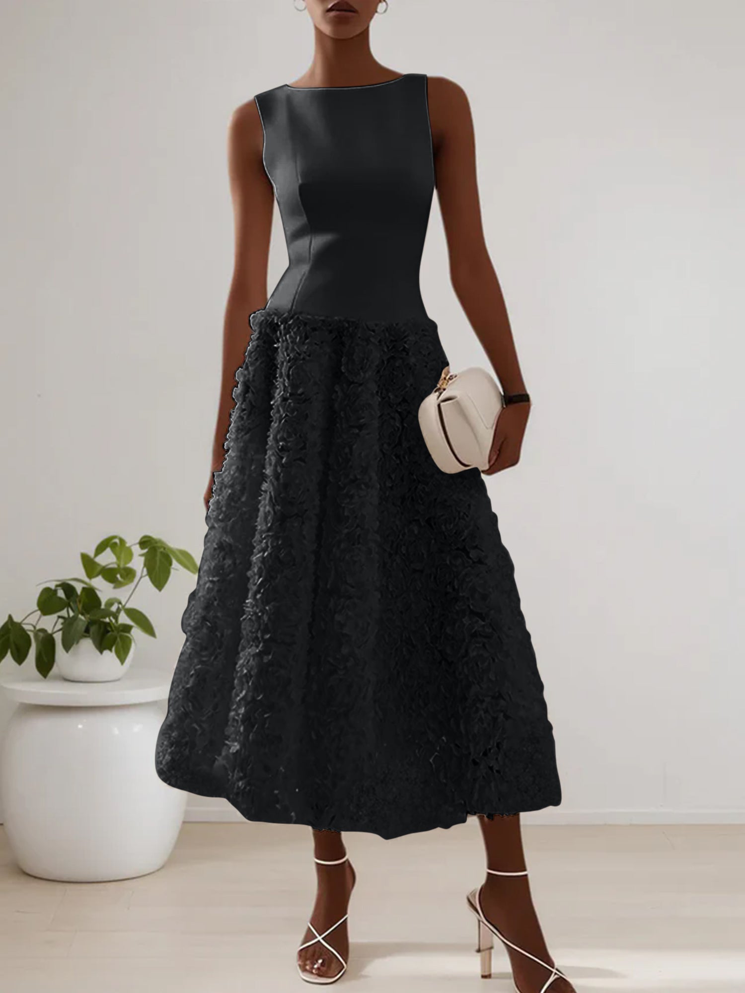 White 3D Floral Boat Neck A-Line Midi Dress