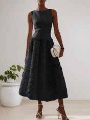 White 3D Floral Boat Neck A-Line Midi Dress