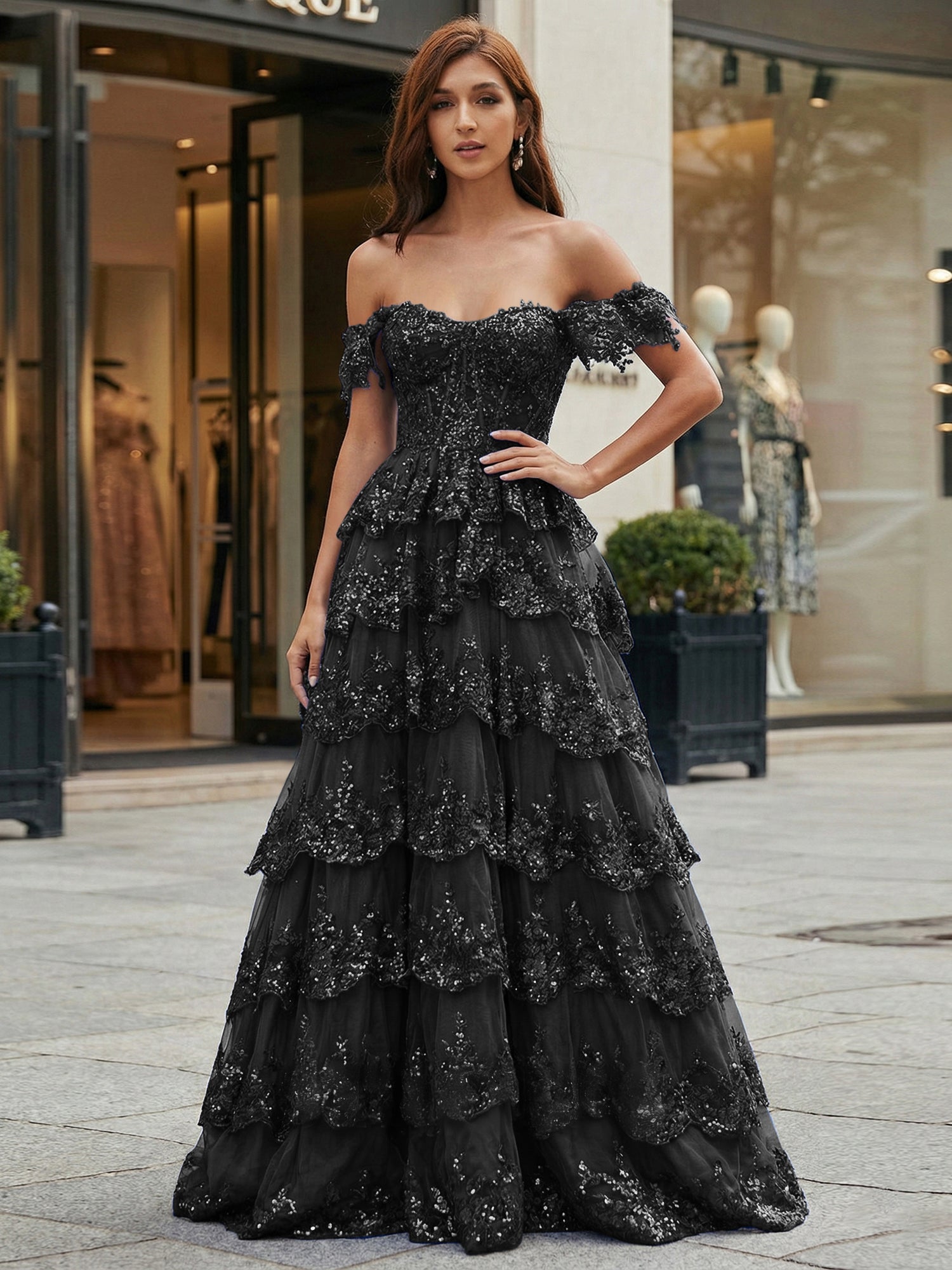 Royal Blue Off-the-Shoulder Sequin Lace Tiered Corset Prom Dress