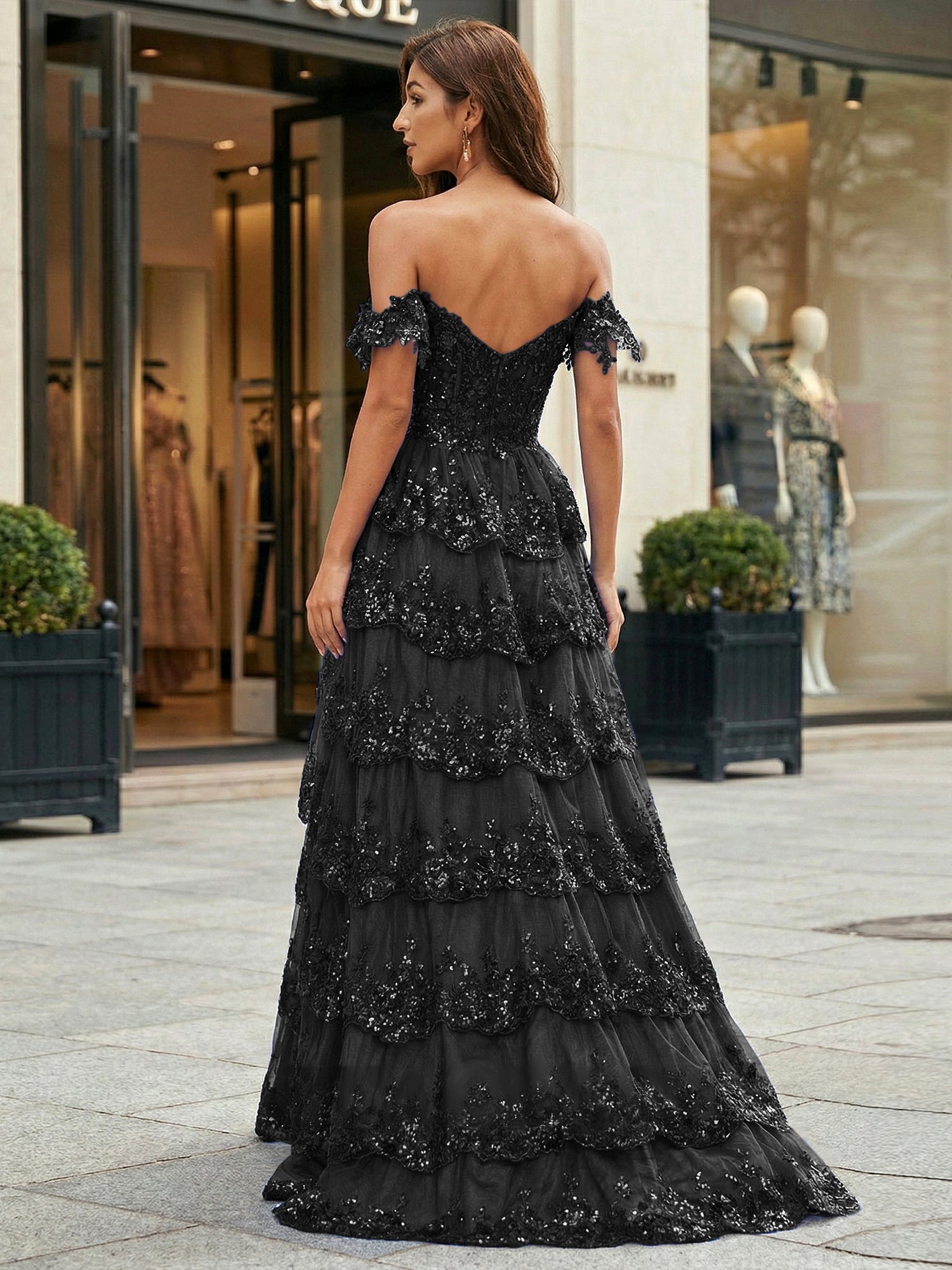 Royal Blue Off-the-Shoulder Sequin Lace Tiered Corset Prom Dress