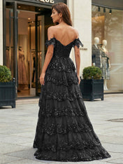 Royal Blue Off-the-Shoulder Sequin Lace Tiered Corset Prom Dress