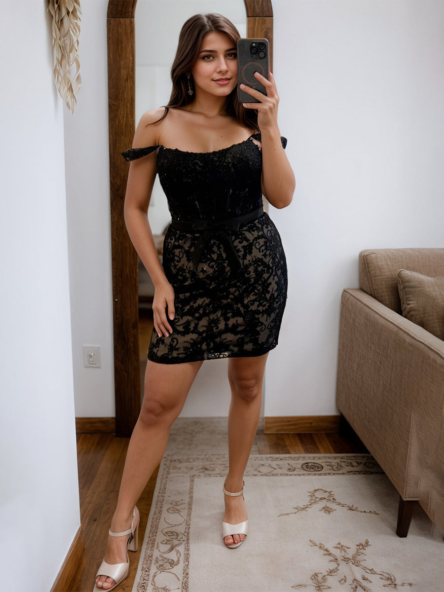 Off-Shoulder Lace Bodycon Homecoming Dress with Bow Waist