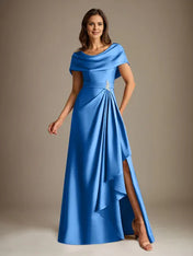 A-Line Scoop Floor-Length Stretch Satin Mother of the Bride Dress With Cascading Ruffles