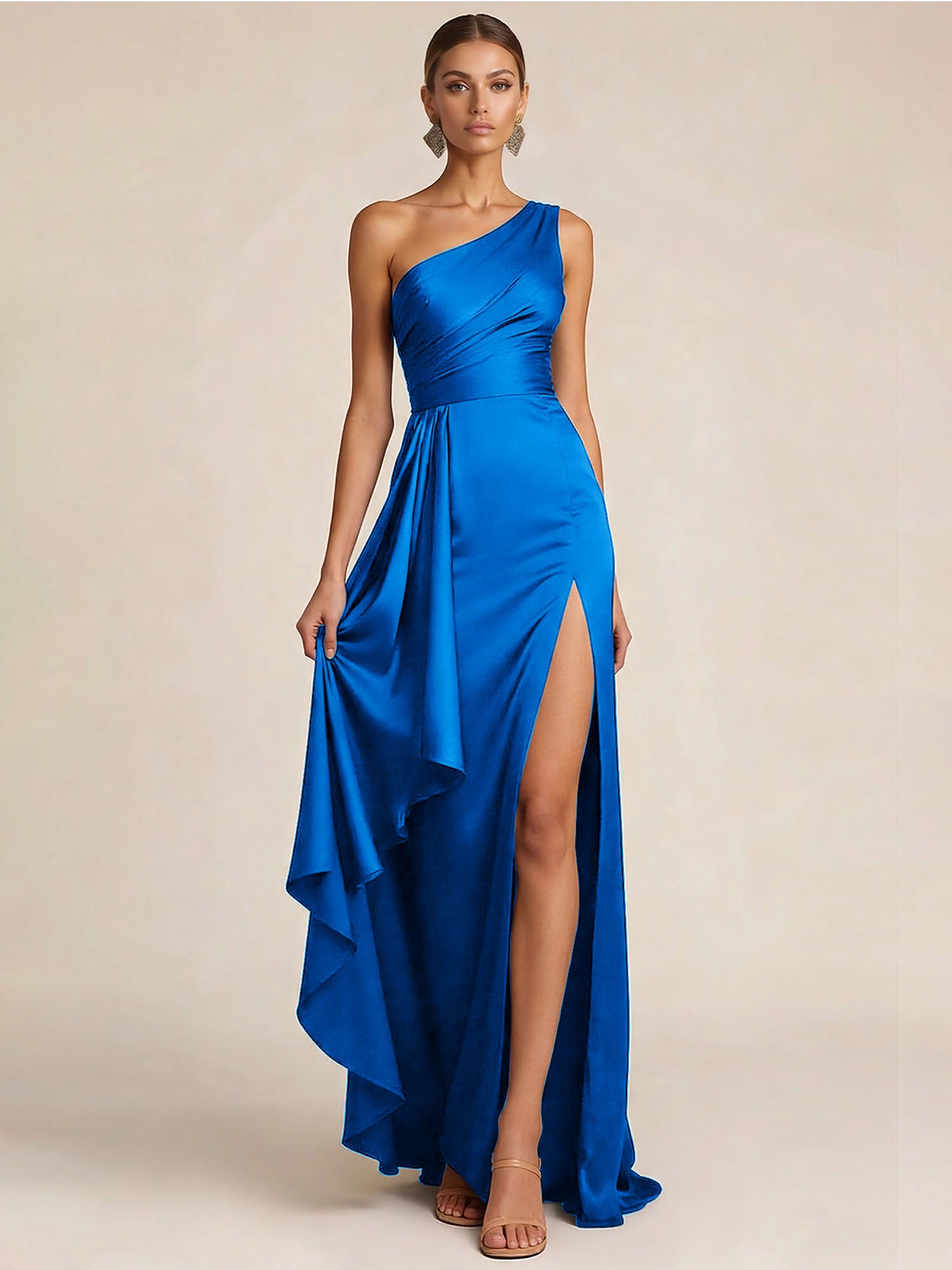 Sleek Foraml Evening Gown Midnight Navy One-Shoulder Satin Slit Maxi Dress