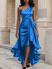 Glamorous Formal Dress Midnight Navy One Shoulder High-Low Satin Gown Midi Dress