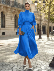 Sophisticated Emerald Green Satin High-Neck Midi Dress Gown
